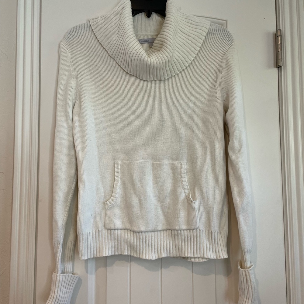Cream sweater, boxy fit, large cowl collar, pocket, Old Navy, size M